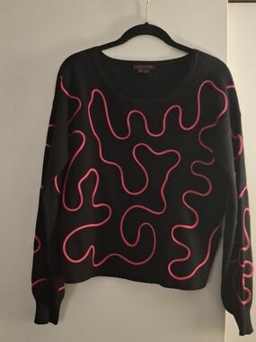 Fontana Women's Black Sweater with Pink Abstract Trim